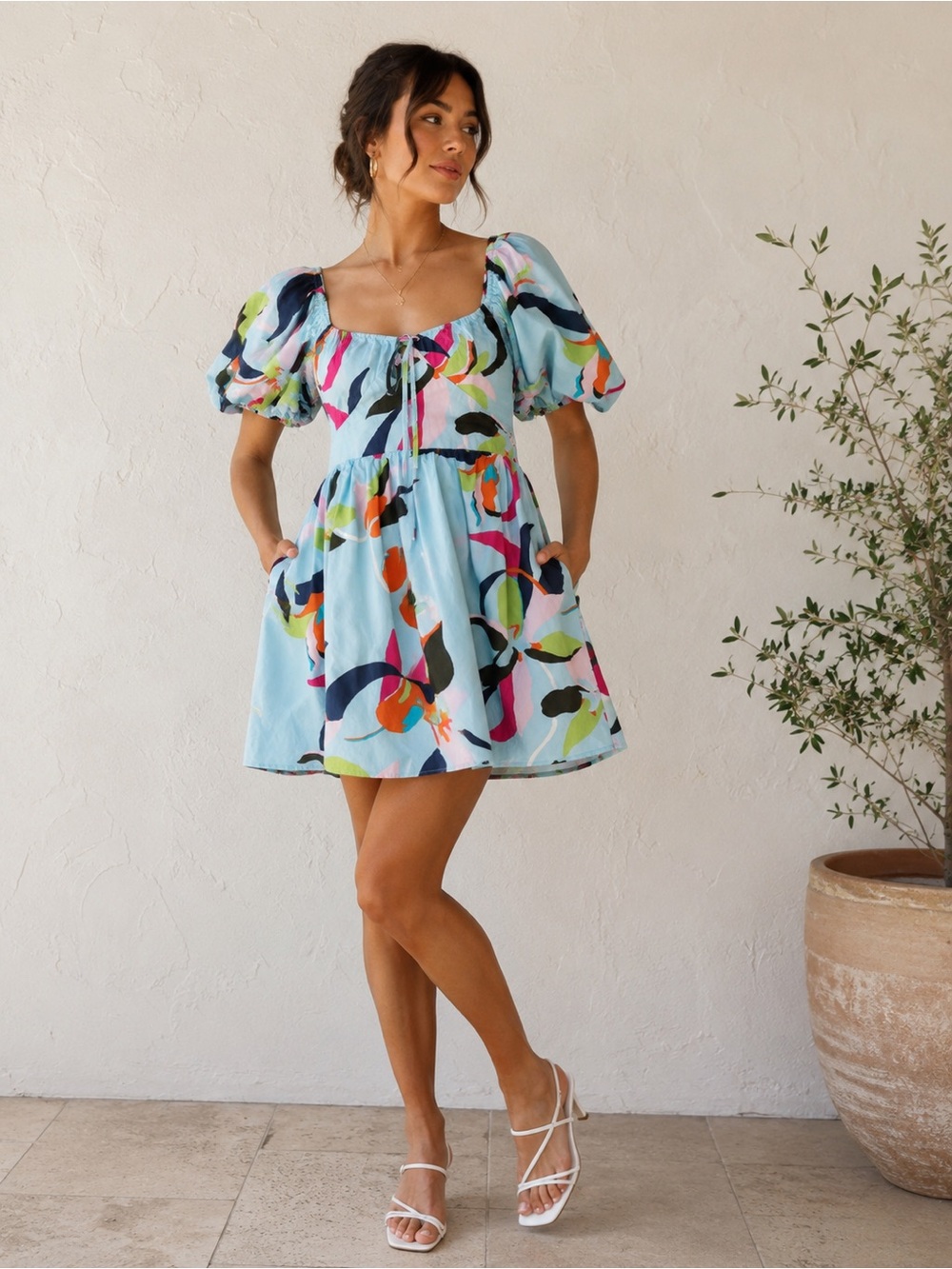 A New Day Puff Sleeve Mini Dress Abstract Print Coquette Euro Summer Scandi Sz S